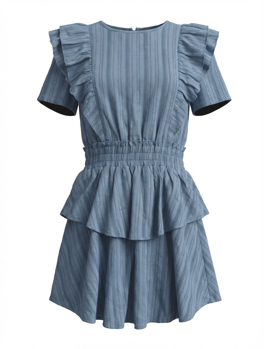 Pleat Collier Dress - Blue/Gold