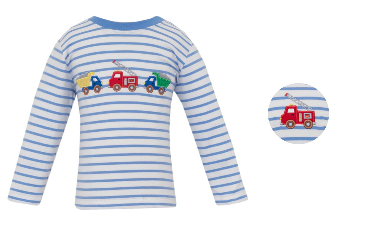 Claire and Charlie Boys Rescue and Roadwork Trucks - Periwinkle Blue Knit Stripe