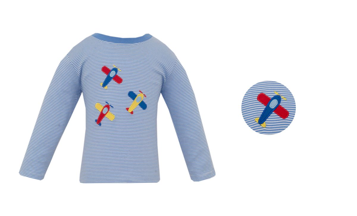 Claire and Charlie Boy's Airplanes - Periwinkle Blue Stripe Boy's T-shirt
