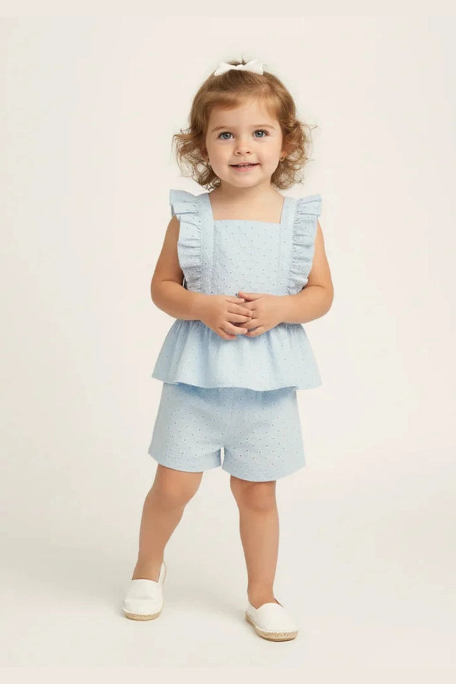 Makemake Organics Light Blue Eyelet Flutter Top Short Set