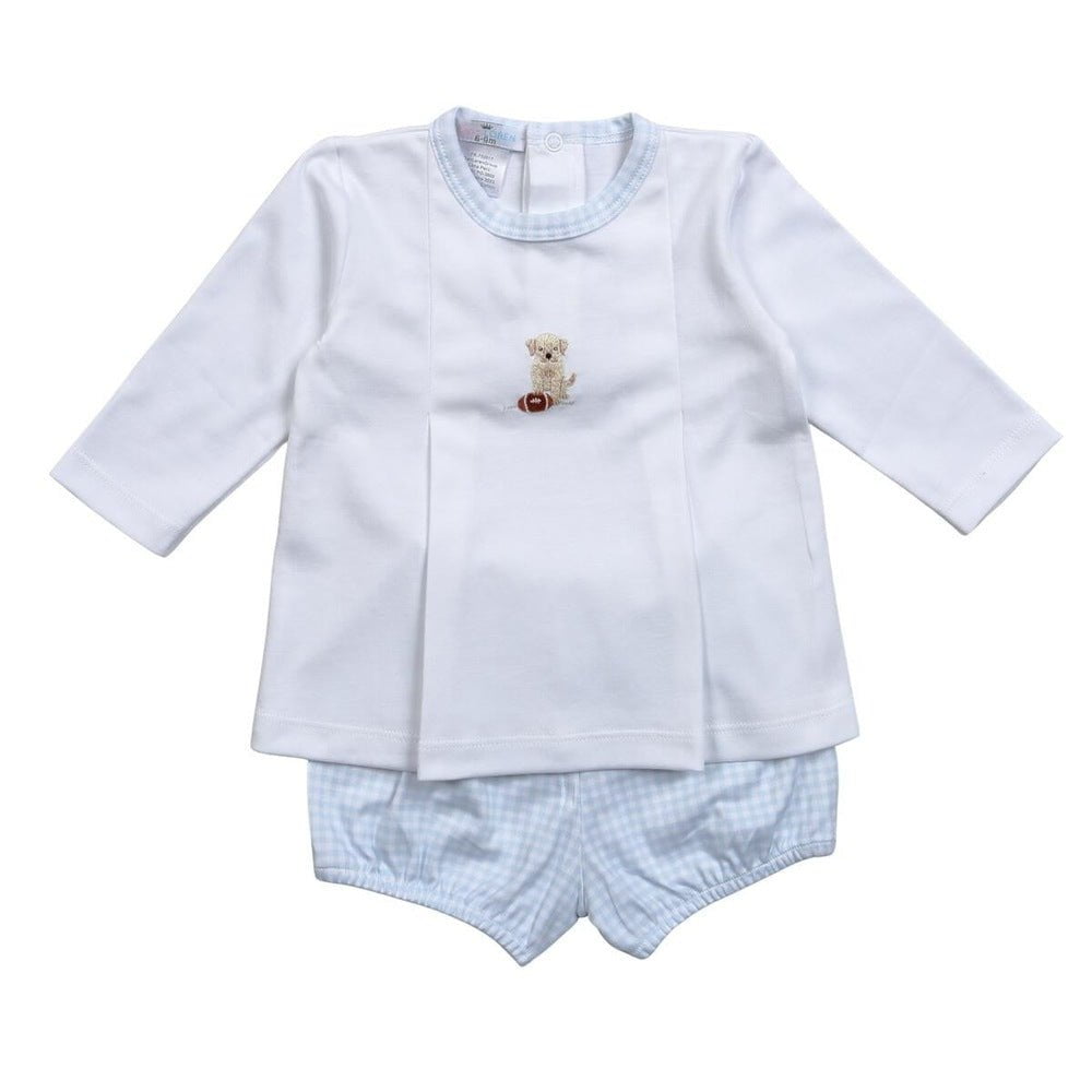 Baby LorenBaby Loren Blue Football Hand Embroidered Pima Bloomer SetBabysupermarket