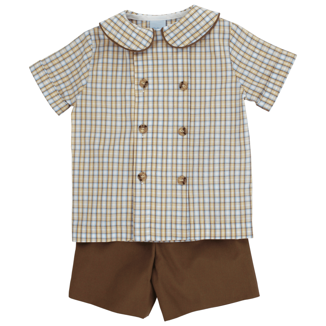 Bailey Boys Boys Shortalls Dressy Sets Pecan Plaid / 2 Toddler Bailey Boys Pecan Plaid with Bison Dressy Short Set