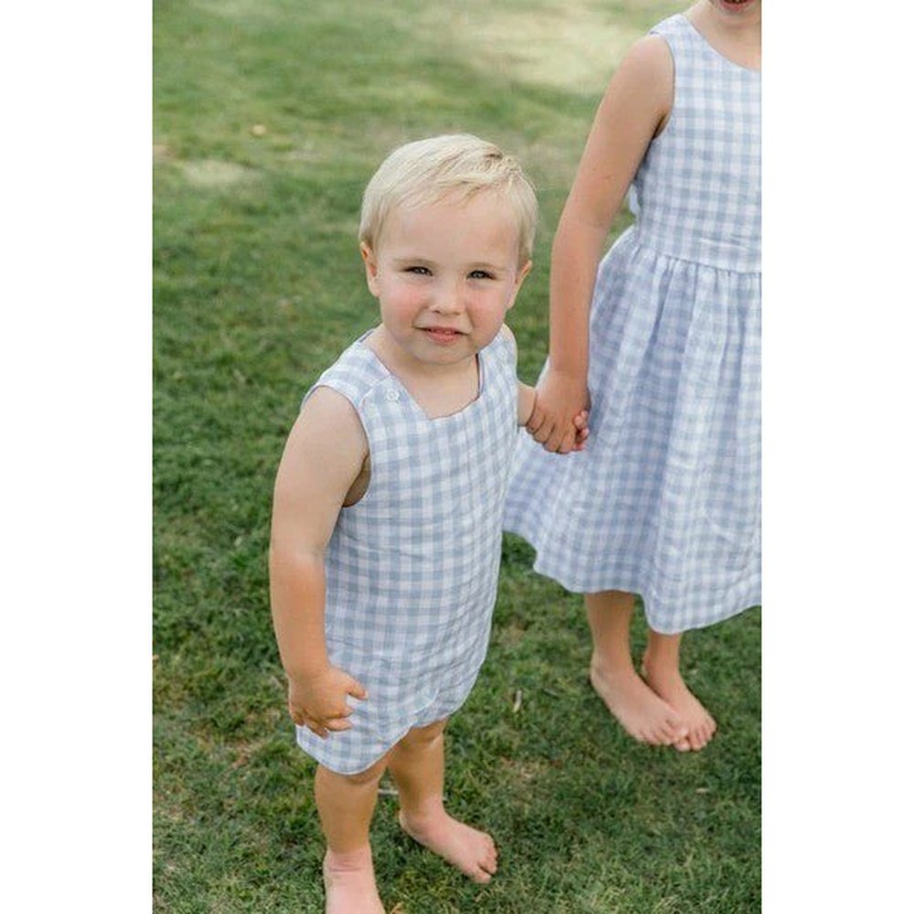 Bailey Boys Sky Linen Gingham Jon Jon with Tabs