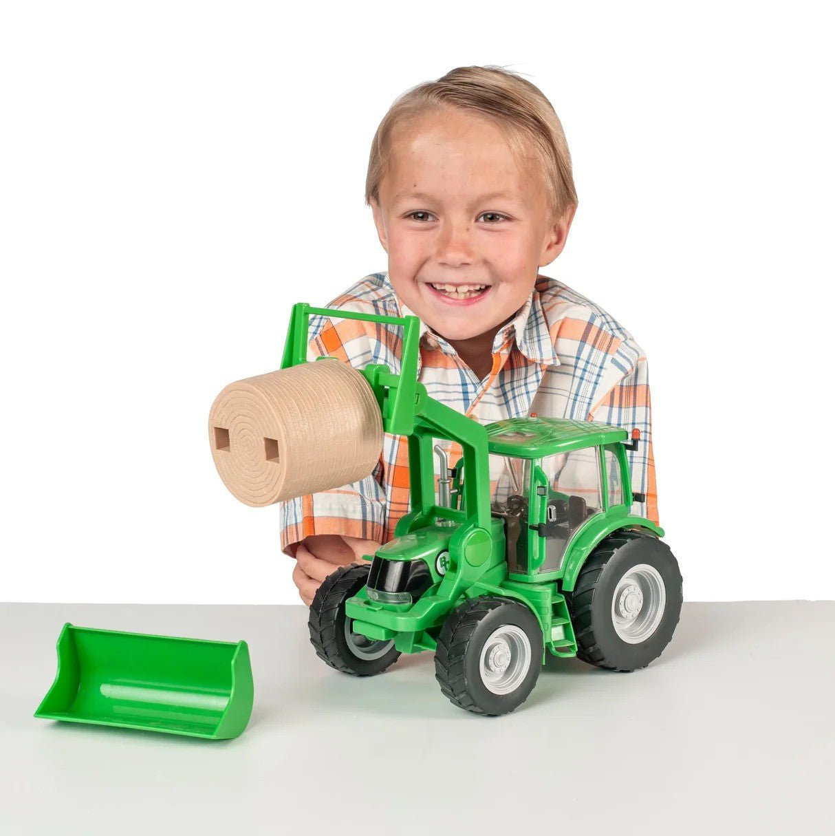 Big Country Toys Farm Tractor & Implements - Green Bucket, Fork, Haybale