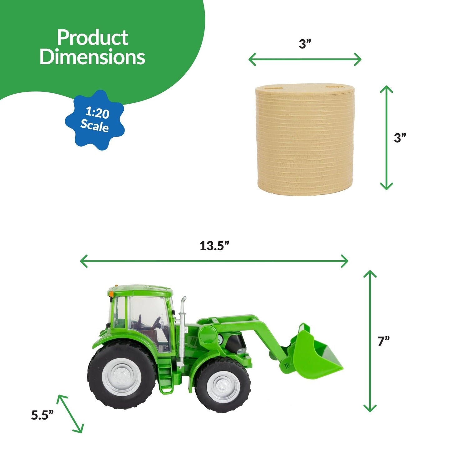 Big Country Toys Farm Tractor & Implements - Green Bucket, Fork, Haybale
