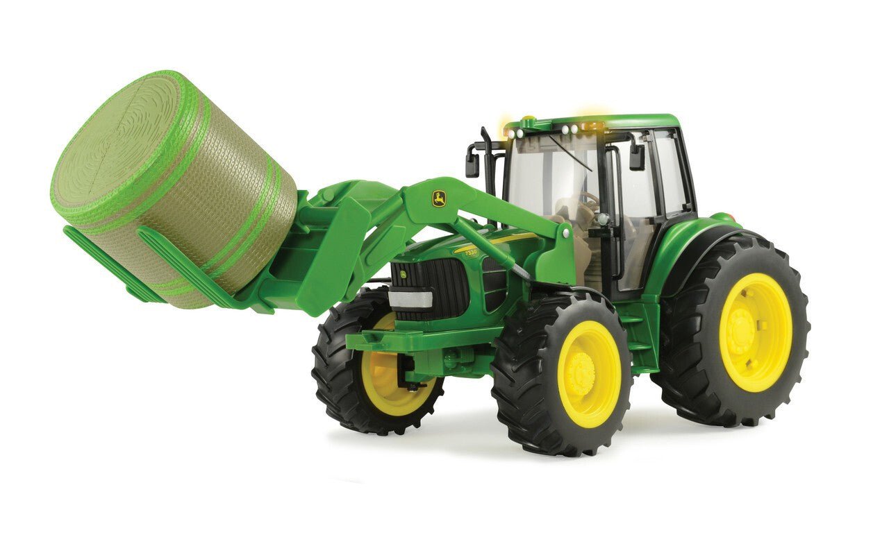 Big Farm John Deere 7330 With Bale Loader And Hay Bale