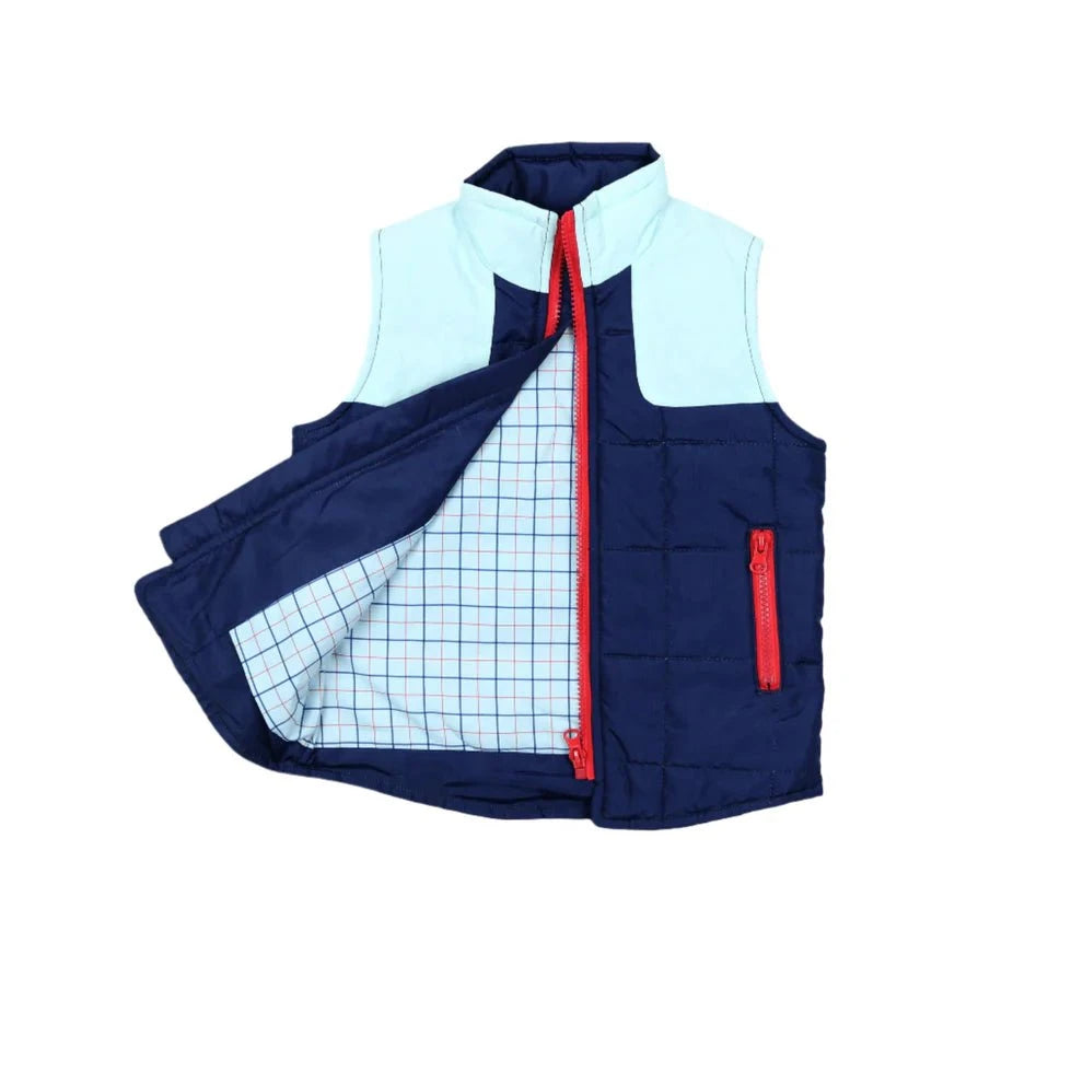 BlueQuail Clothing Co Boys Quilted Vest - Navy/LT Blue Tattersall Light Blue
