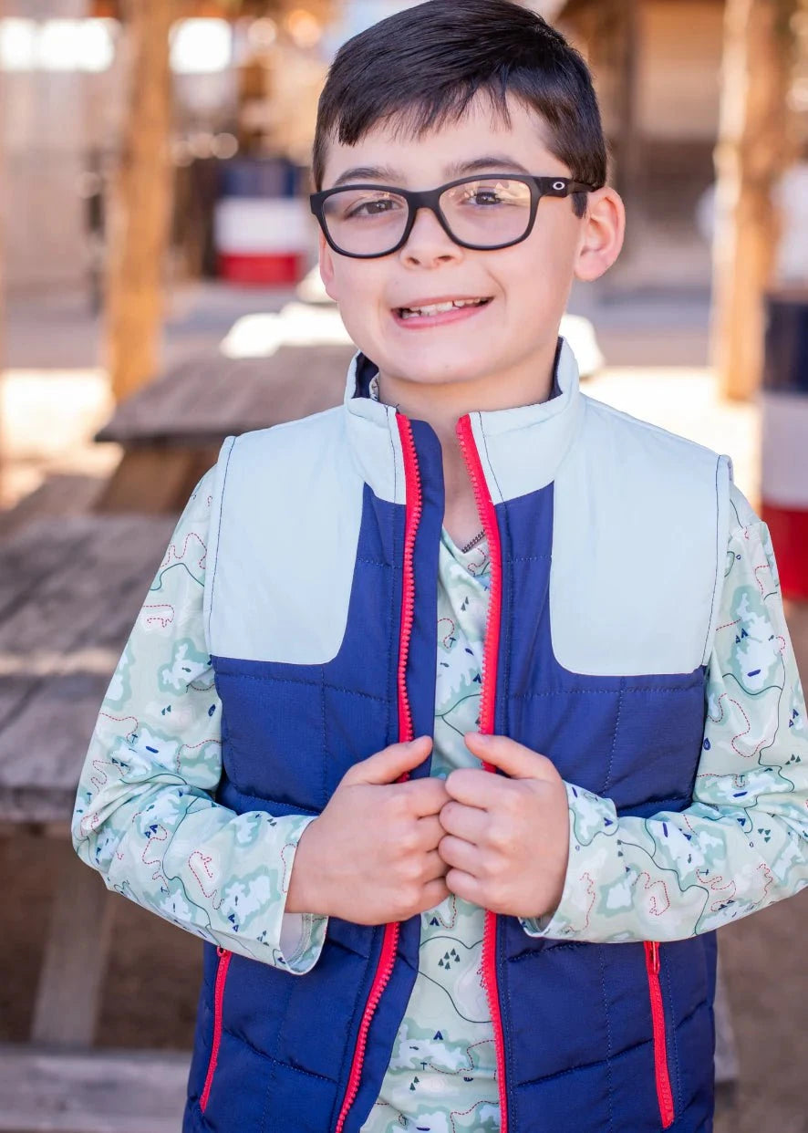BlueQuail Clothing Co Boys Quilted Vest - Navy/LT Blue Tattersall Light Blue