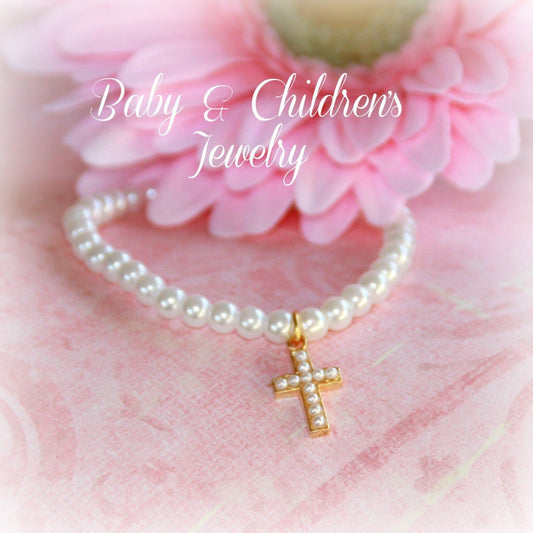 Collectables America Apparel & Gifts Gold Finish Collectables America Child Seed Pearl Cross Stretchy Bracelet 6" Gold