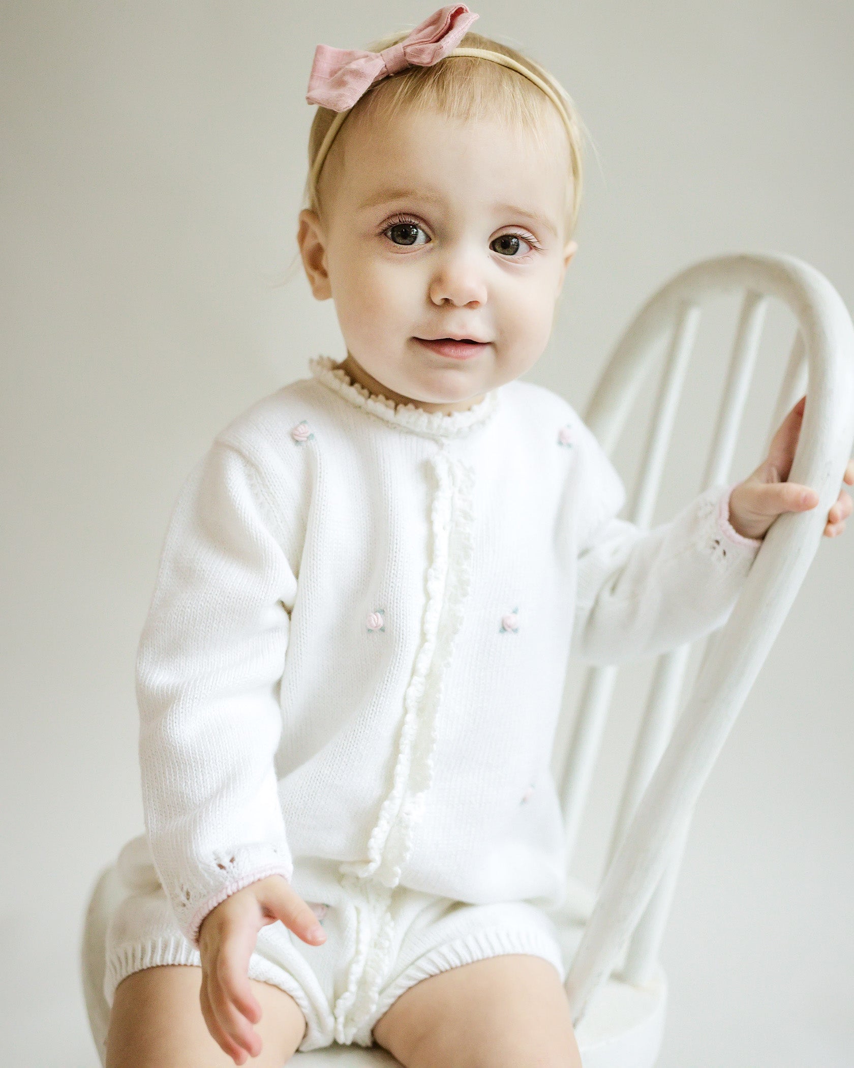Cuclie Baby Rosette Knit Bubble Romper - Ivory