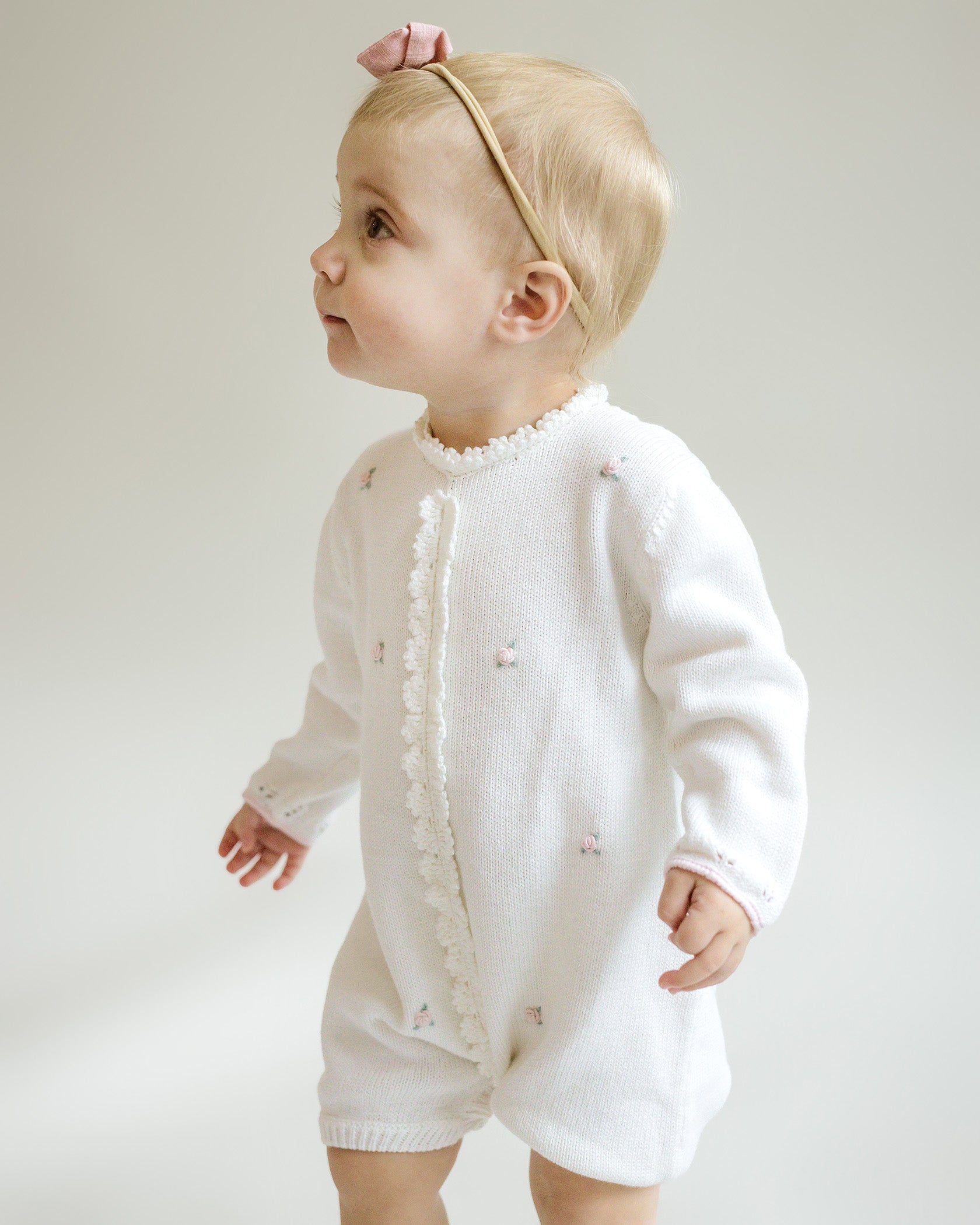 Cuclie Baby Rosette Knit Bubble Romper - Ivory