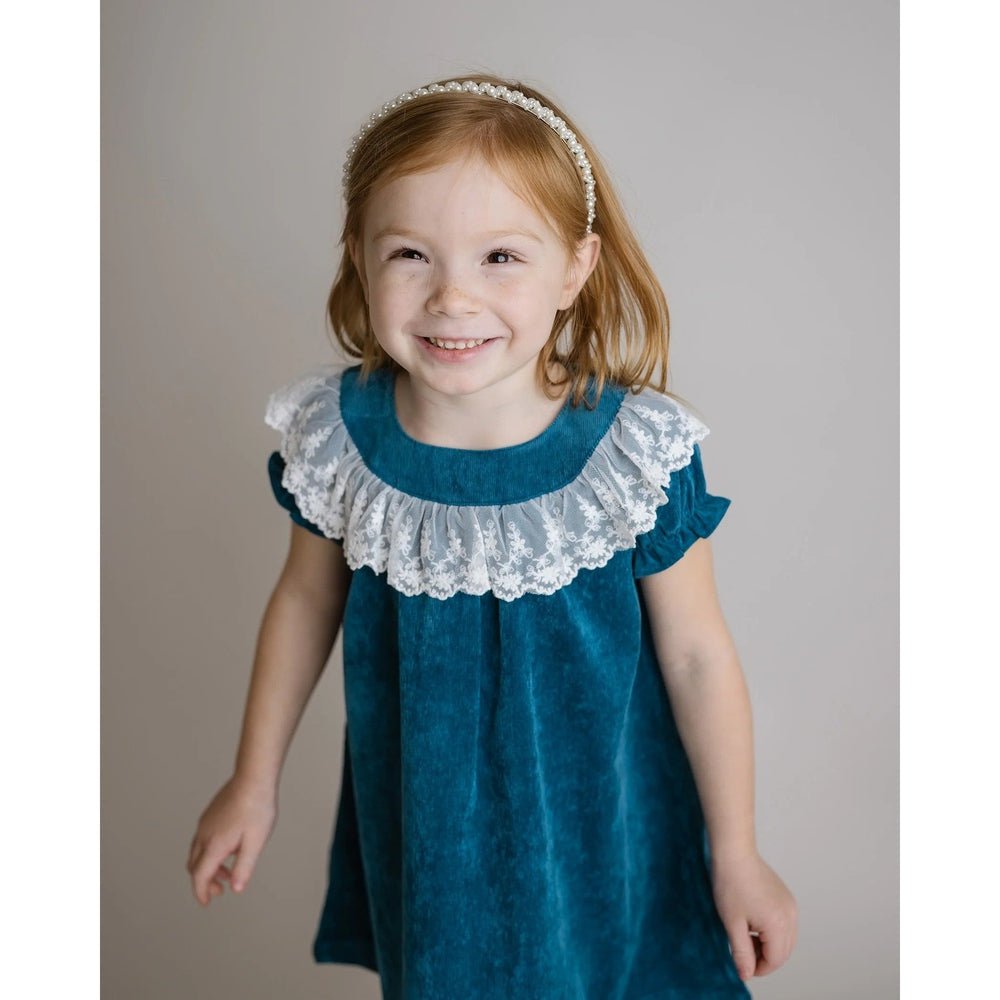 Cuclie Infant Cuclie Teal Corduroy Dress with Lace Collar