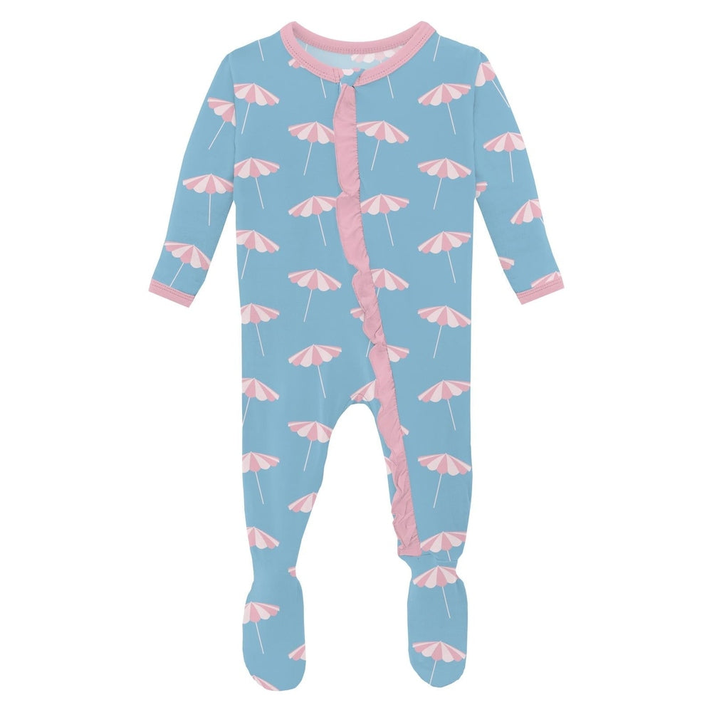 Kickee Pants Seaside Blue Beach Umbrellas 2 Way Zipper Ruffle Footie