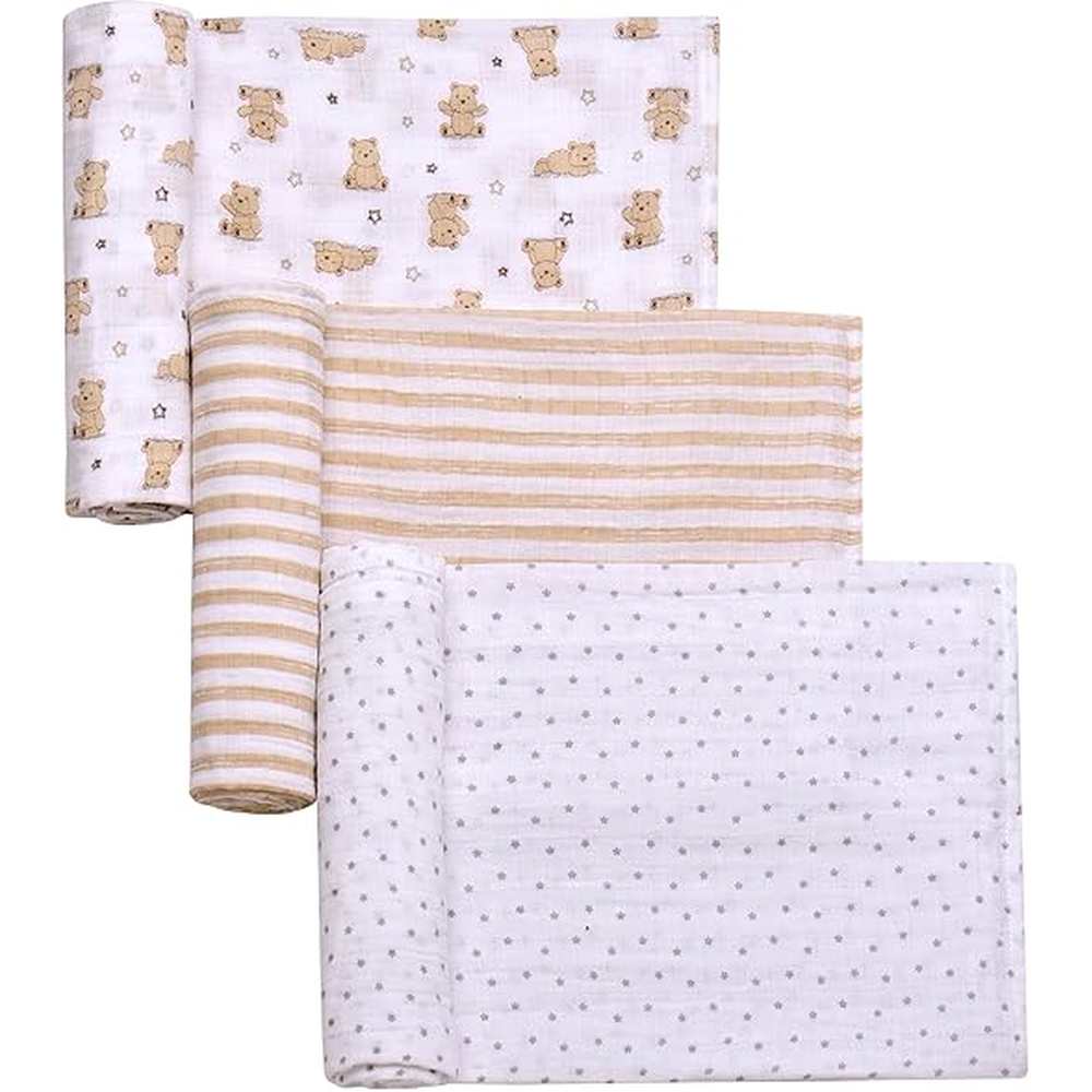 Little Me 3 Pack Muslin Swaddle Blankets Teddy Bear Print