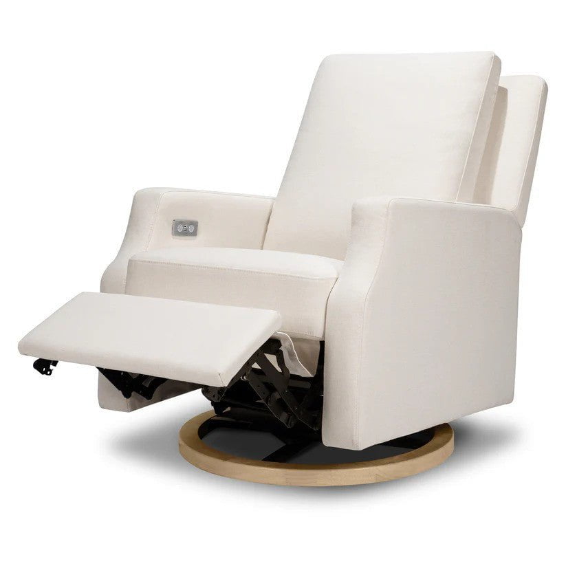 Namesake Crewe Electronic Swivel Glider Recliner in Performance Cream Eco-Weave w/Light Wood Base