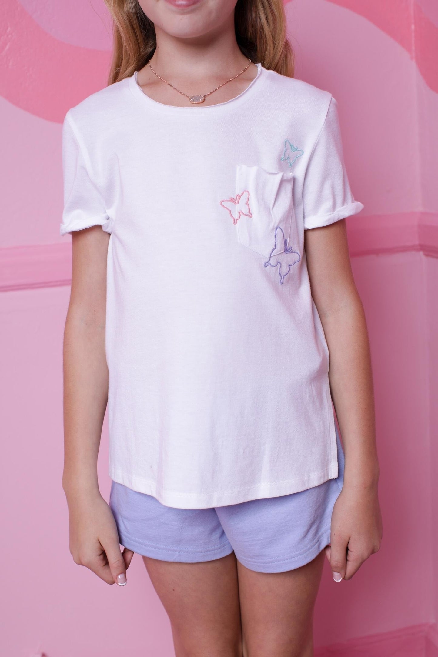 Paper Flower Slouchy Pocket Butterfly Embroidered T-Shirt