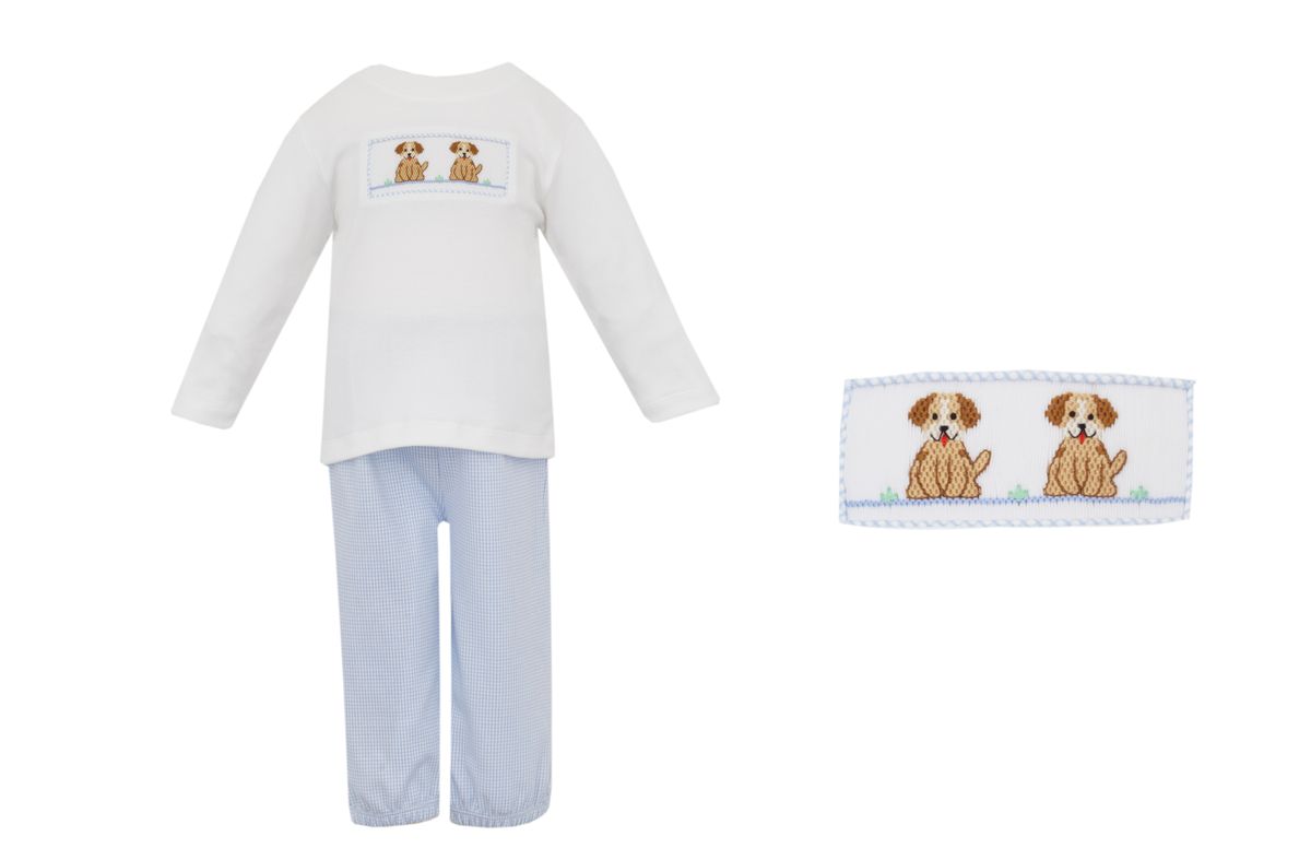 Petit Bebe 12 Mo / Blue Petit Bebe Boys Blue Knit Check Puppies Pant Set