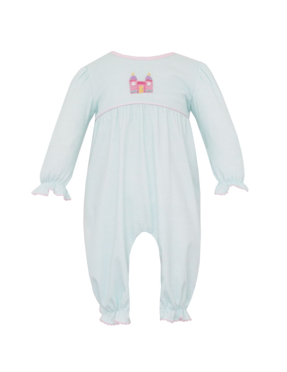 Petit Bebe Princess Castle Aqua Stripe Knit Romper