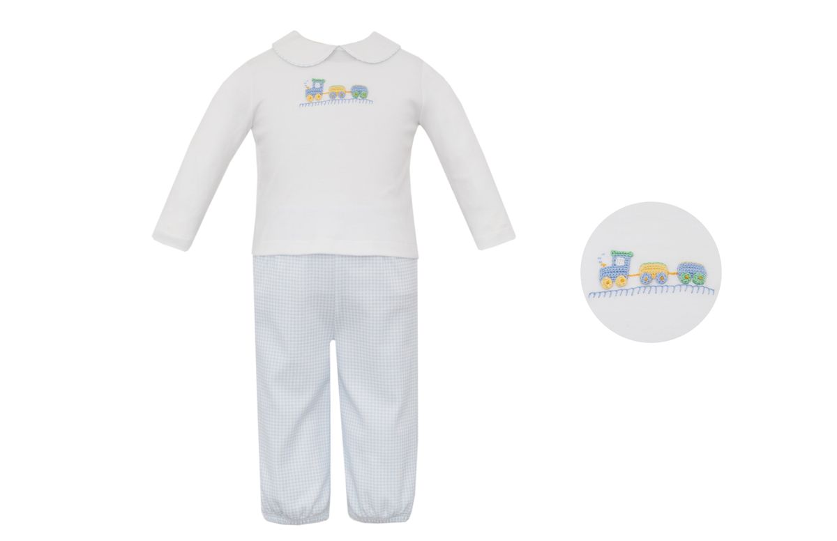 Petit Bebe Train Light Blue Gingham Knit Pant Set