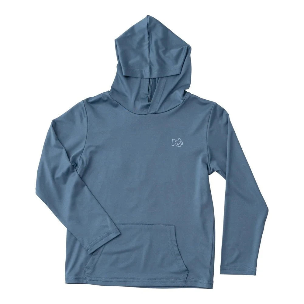 Prodoh Toddler PRODOH Kid's Pro Performance Hoodie Fishing T-shirt in Bluefin Blue with a Sportfisher Sunset