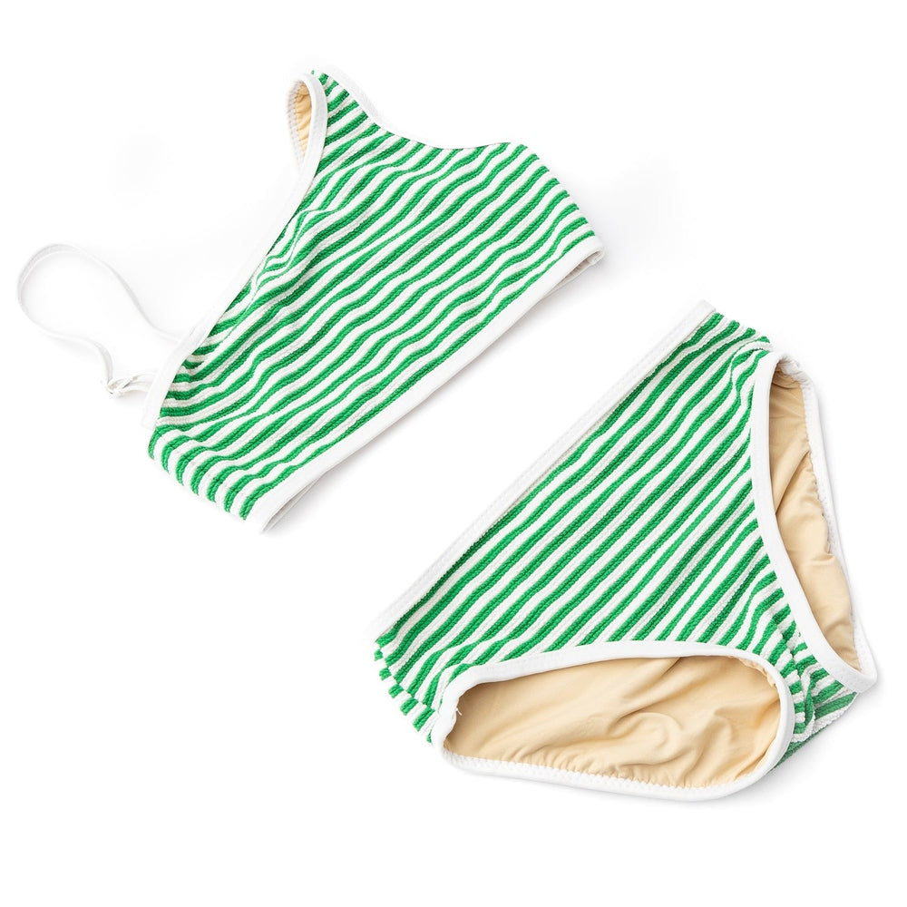 Shade Critters Girls Ribbed Green Stripe One Shoulder Two Piece Swimsuit babysupermarket