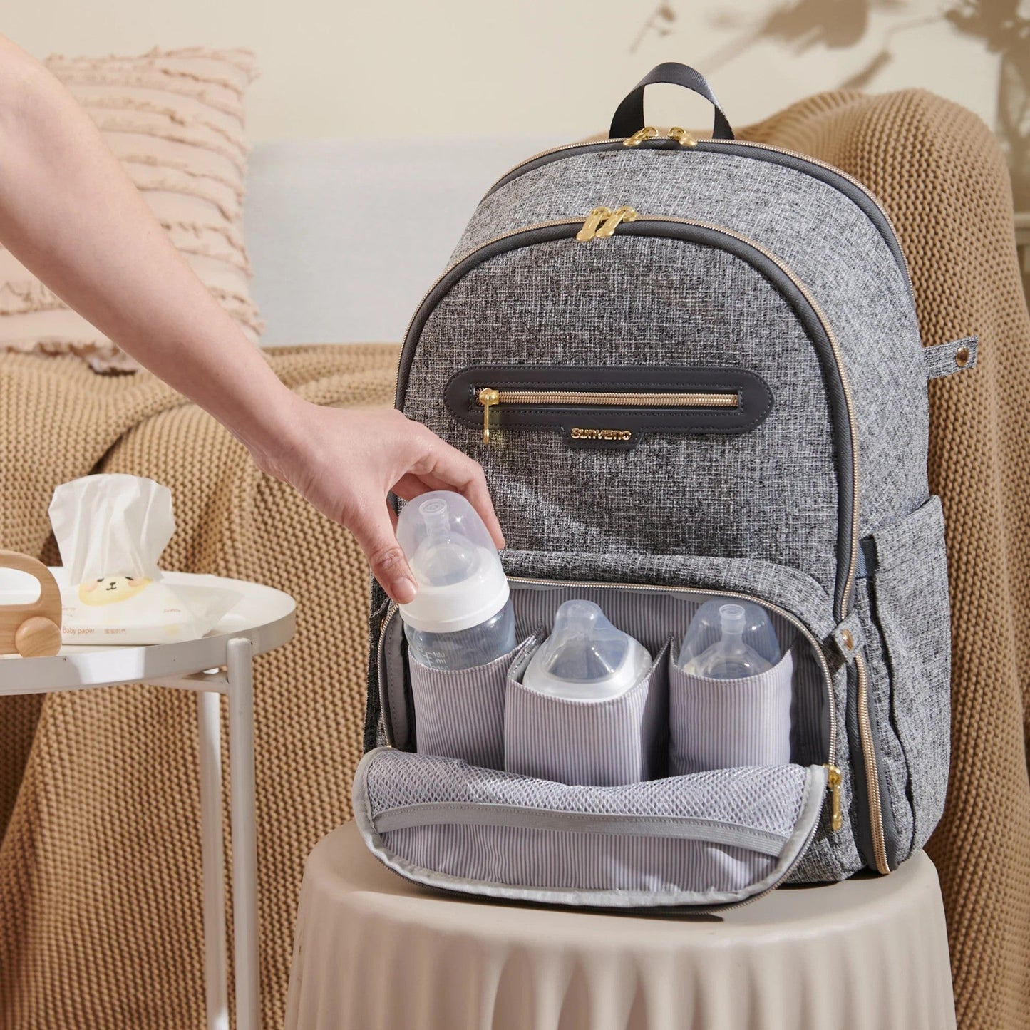 Sunveno Diaper Bags Sunveno Tweed Luxe Foldable Diaper Bag Backpack Grey