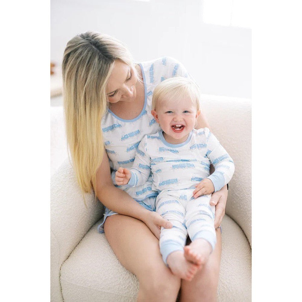 The Uptown Baby Boys Apparel / Sleepwear / Infant The Uptown Baby Blue Trains Long Sleeve Romper