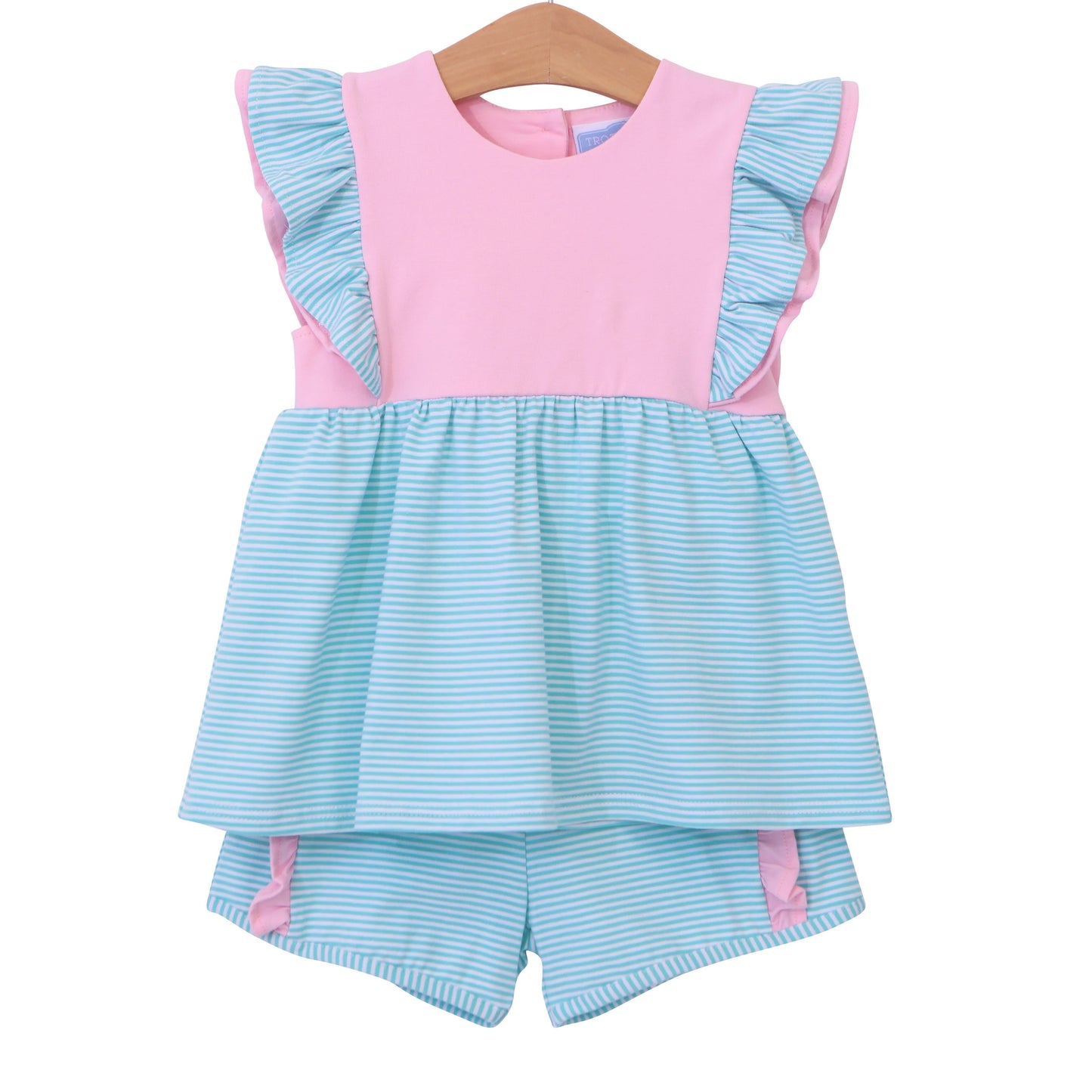 Trotter Street Kids Rosie Short Set- Mint Stripe & Pink
