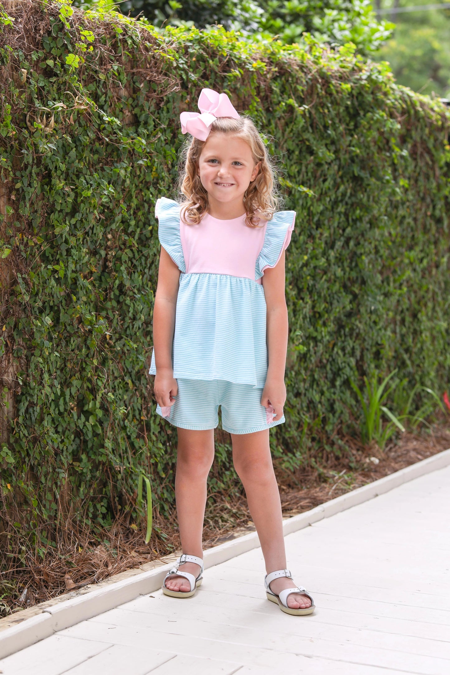 Trotter Street Kids Rosie Short Set- Mint Stripe & Pink