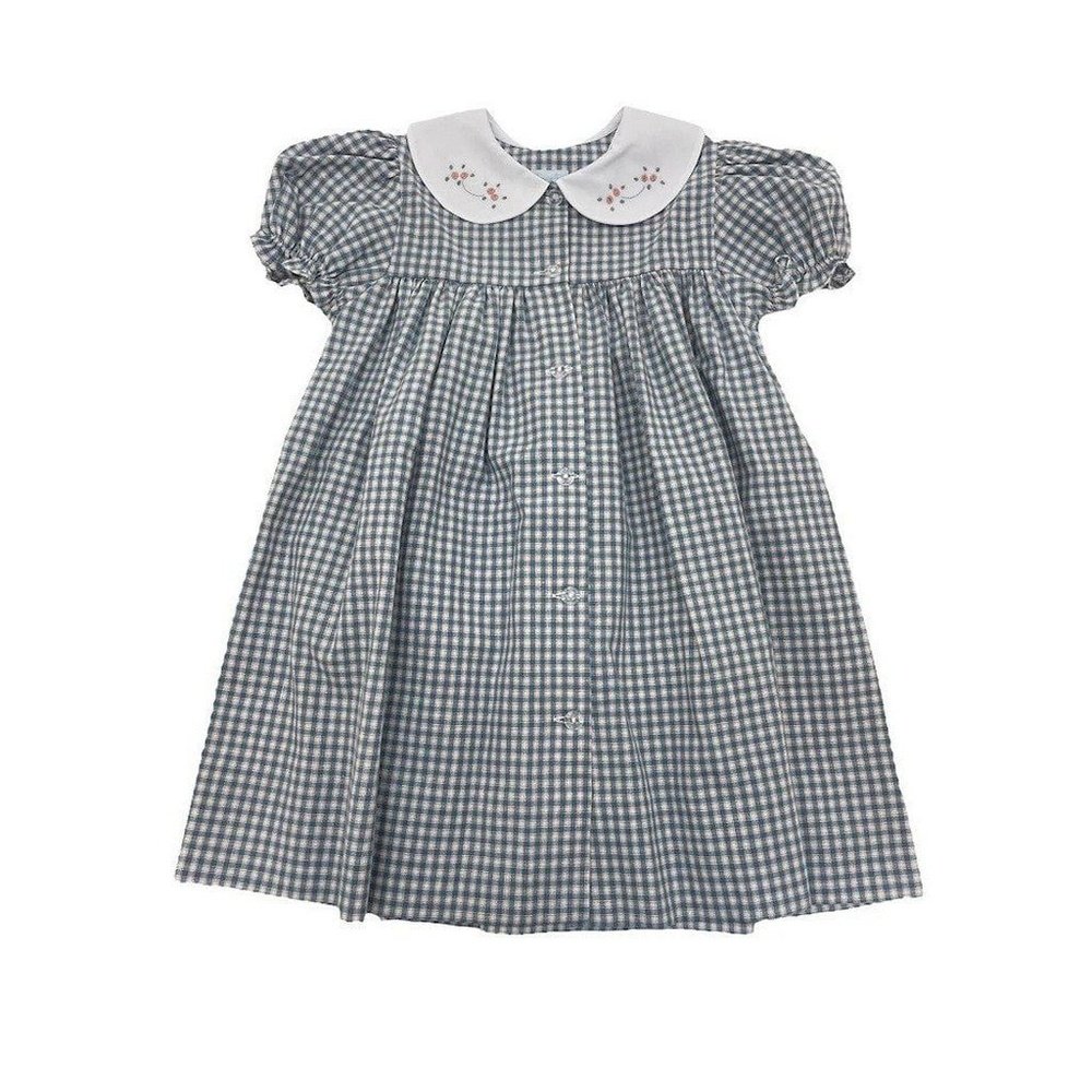 Auraluz Blue Plaid Dress with Tiny Buds on Collar