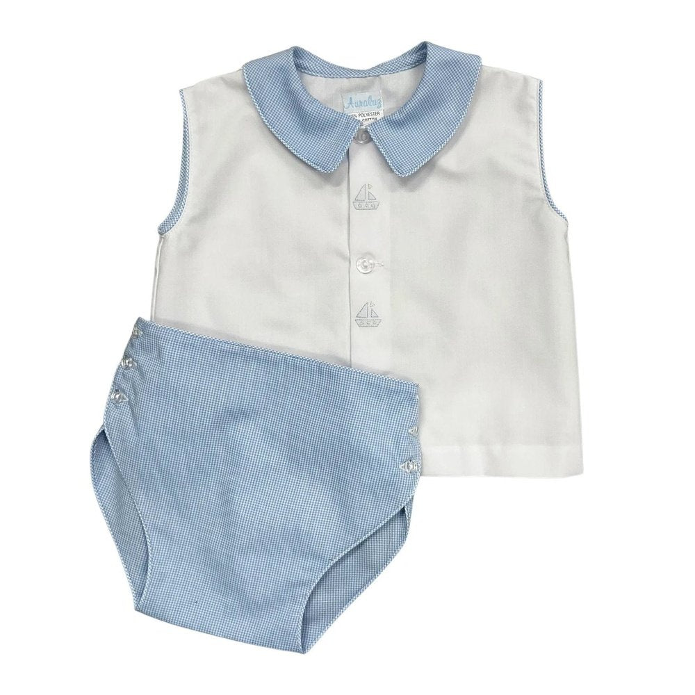 Auraluz Apparel Auraluz Boys Blue Micro Check Diaper Set Sailboat