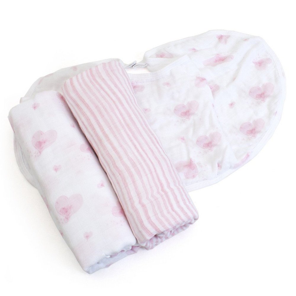 Child to Cherish Bamboo Muslin Swaddle Blanket Hearts & Stripes Pink