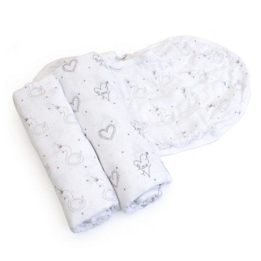 Child to Cherish Goldilocks Swaddle Blanket Swans & Hearts Gray