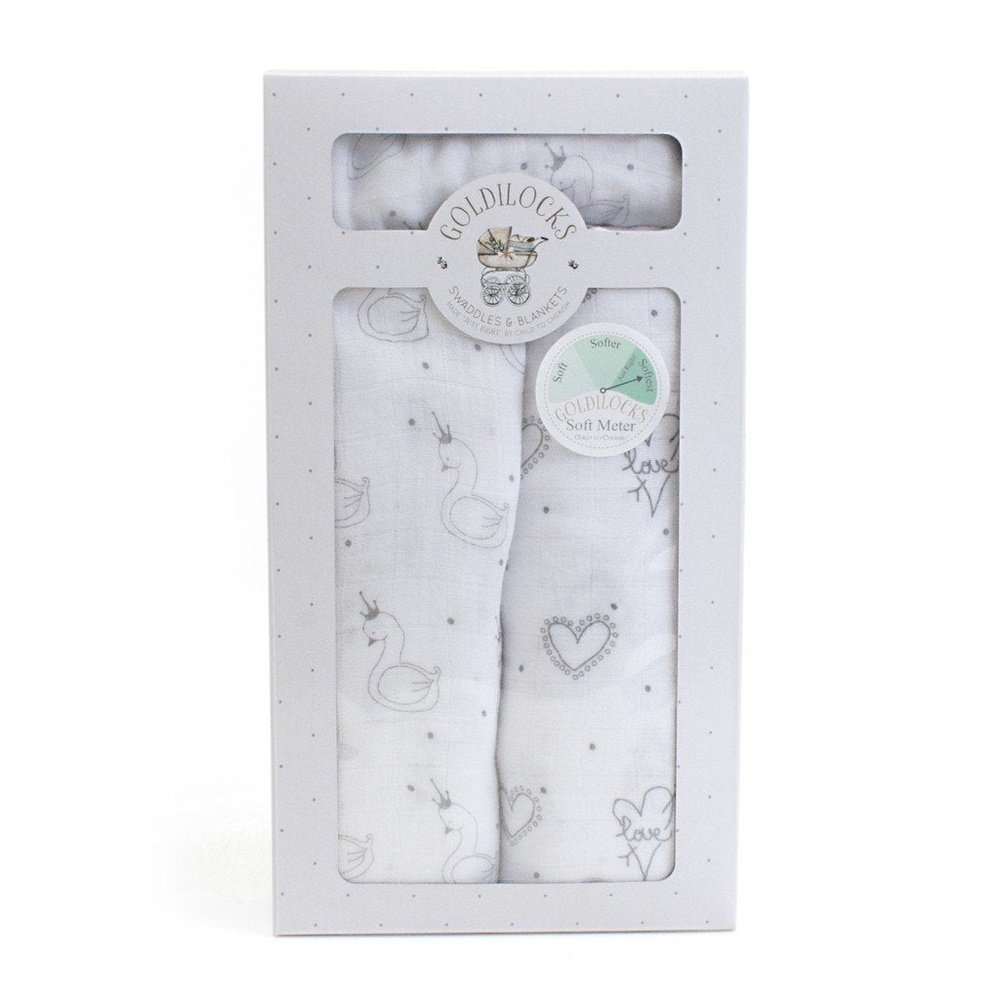 Child to Cherish Goldilocks Swaddle Blanket Swans & Hearts Gray