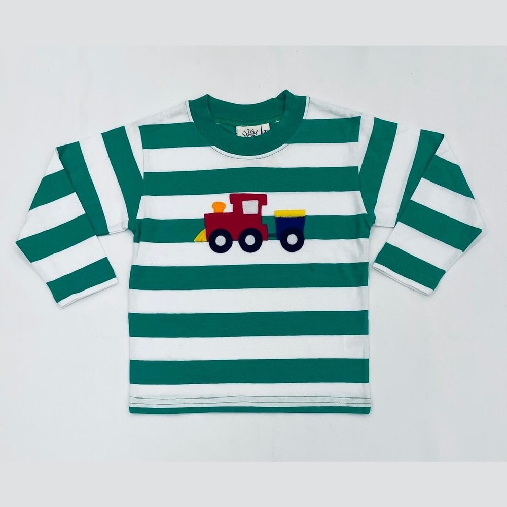 Luigi Kids by Acvisa Train Applique Long Sleeve T-Shirt Green Stripe
