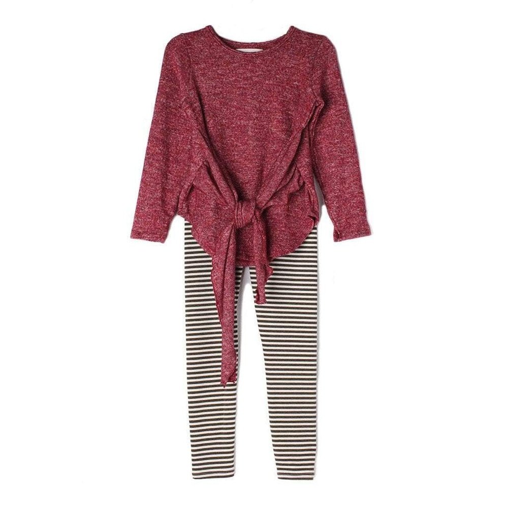 Mabel & Honey Girls Red Top with Stripe Leggings Set