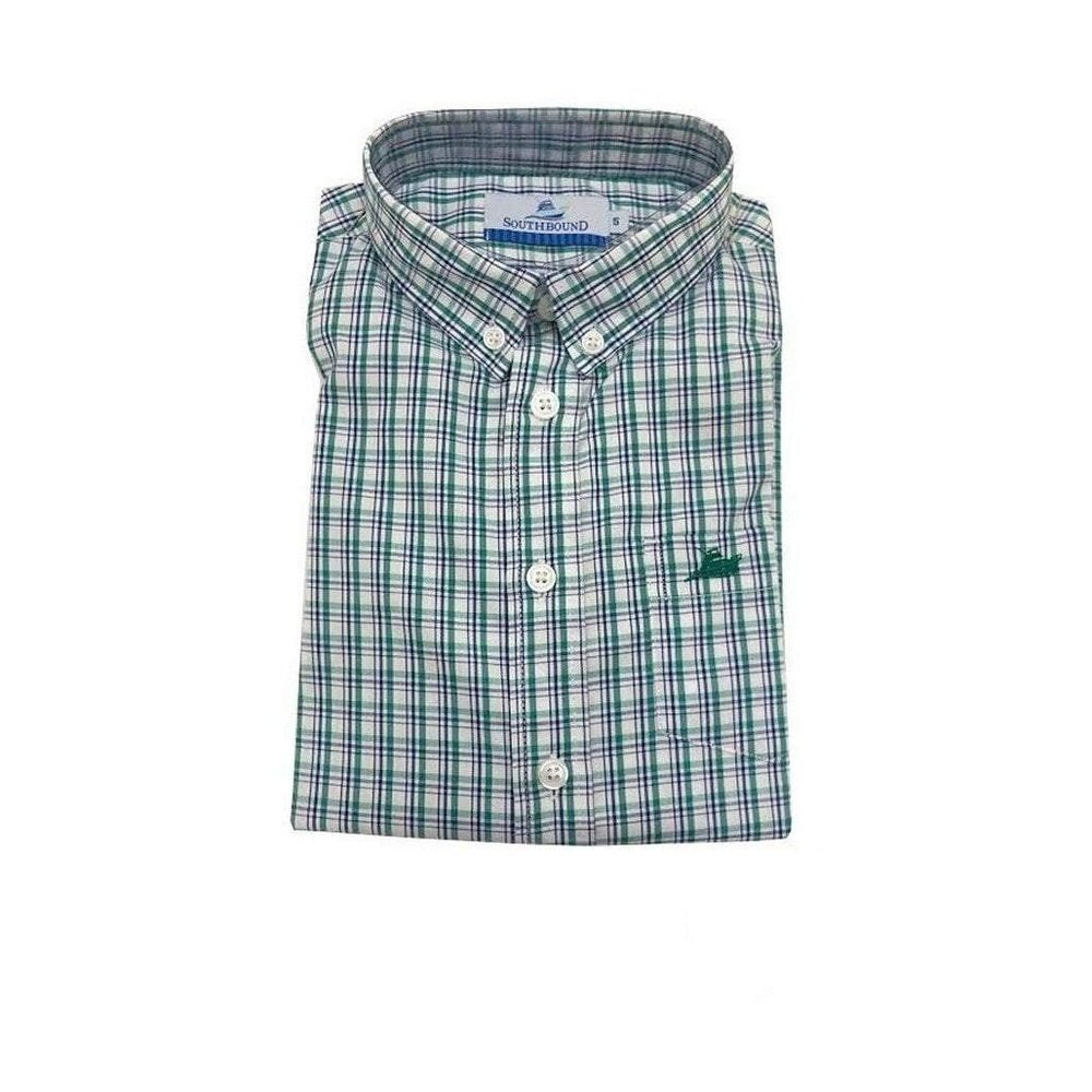 Southbound Boy's Dress Shirt Blue Green Plaid