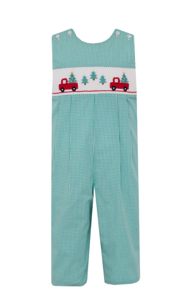 Anavini Boys Long Jon Jon with Red Truck and Christmas Tree - Green Gingham