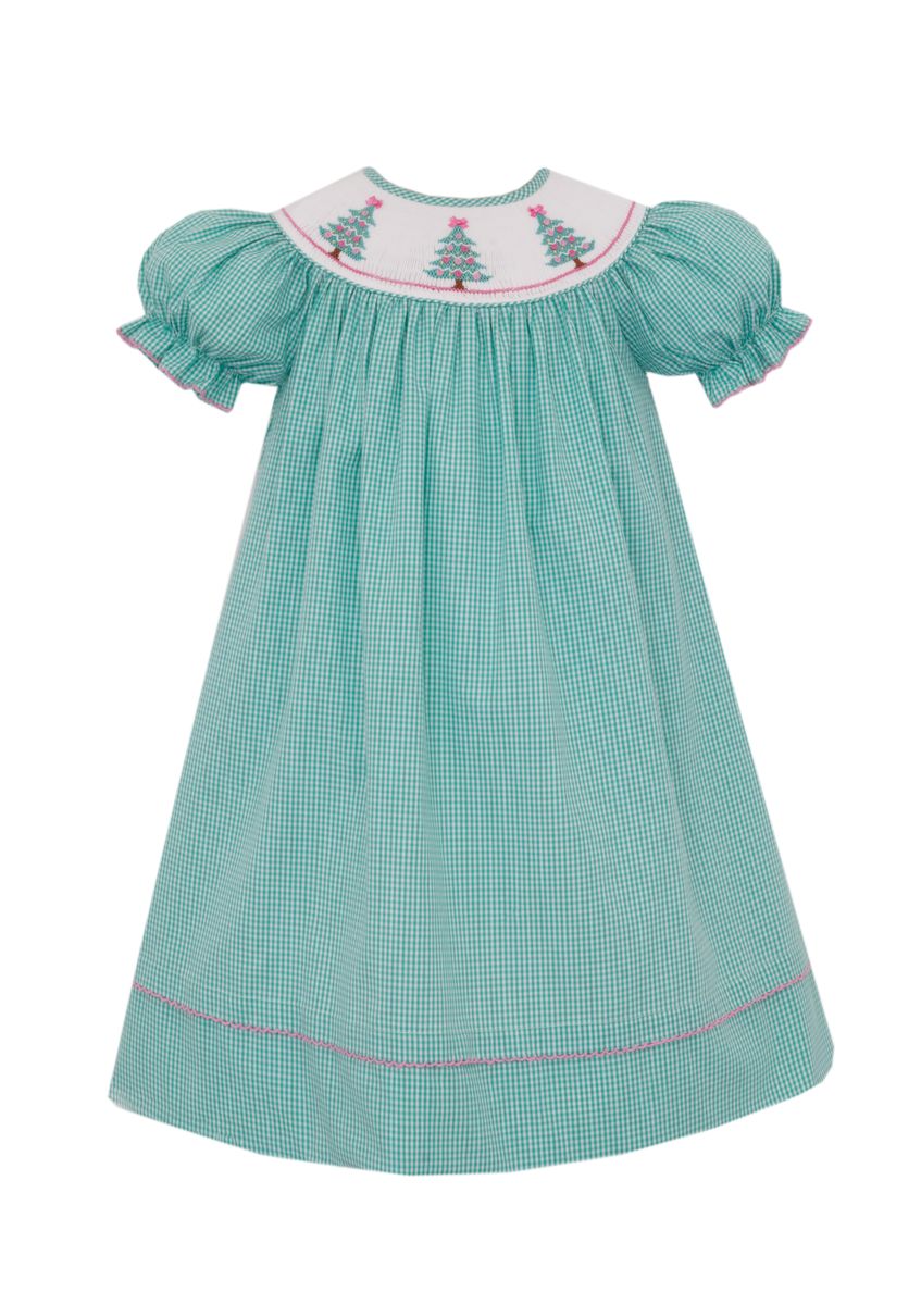 Anavini Girls Pink Bow Christmas Tree Dress - Green Gingham
