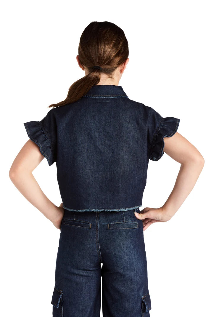Tractr Girls Ruffle Sleeve Crop Top - Dark Indigo