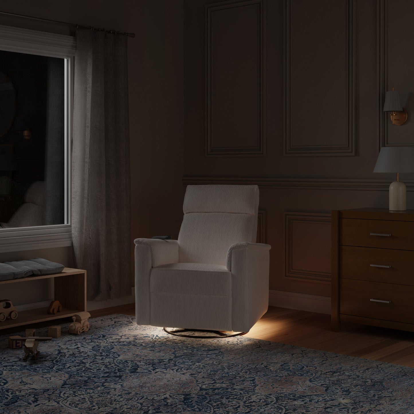 Monogram by Namesake Willa Deluxe Power Recliner and Swivel Glider with Heat + Massage | Ivory Corduroy | EXCLUSIVE!