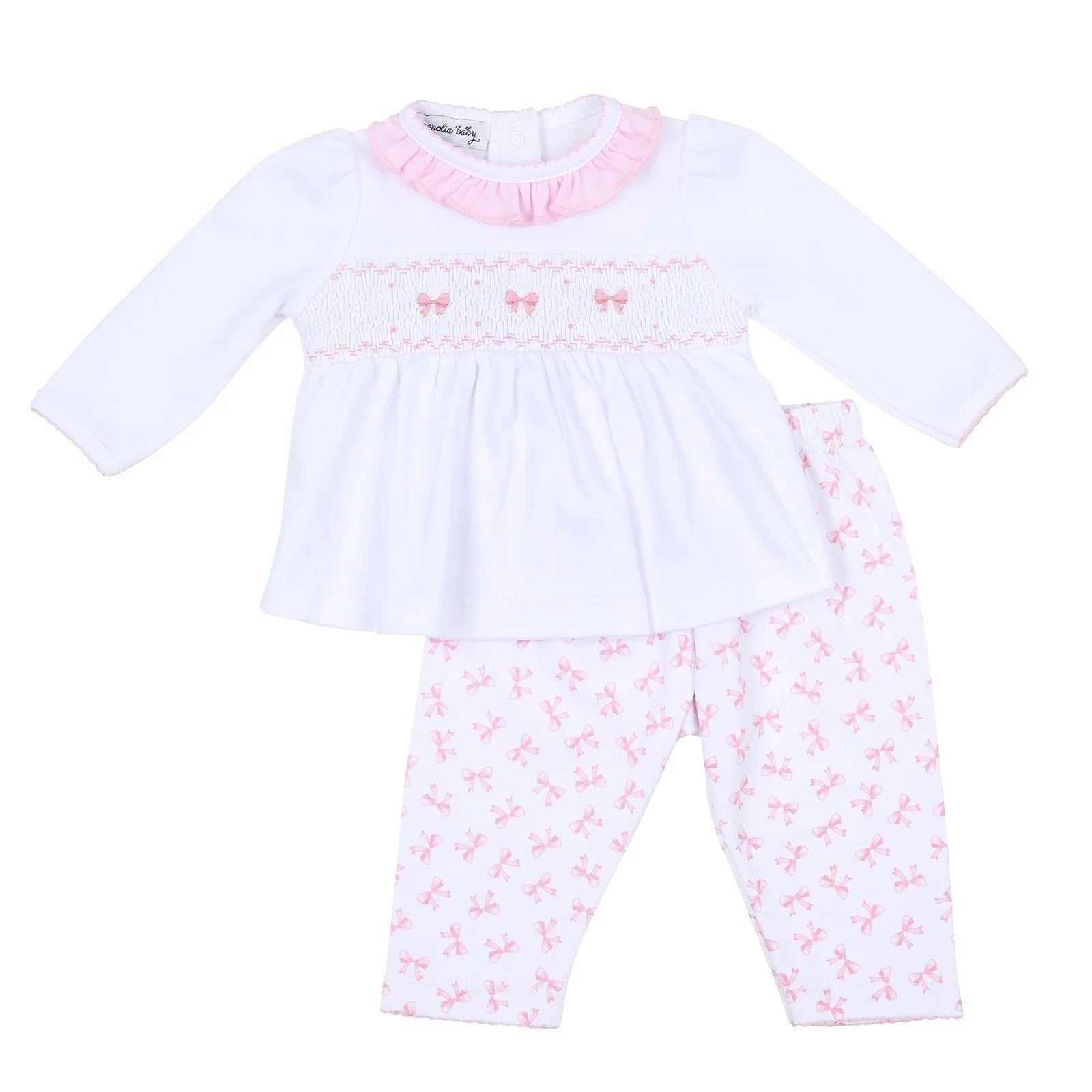 Magnolia Baby Baby Bows Pink Smocked Printed Ruffle Pant Set