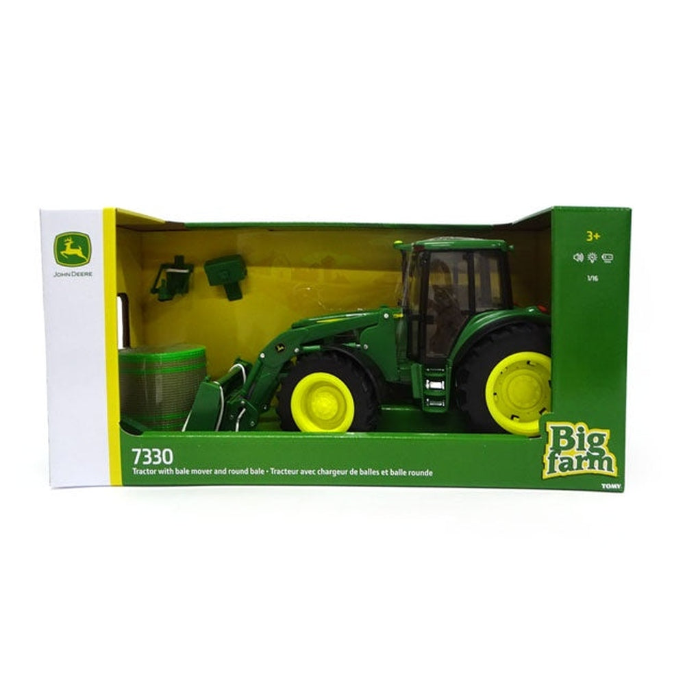 Big Farm John Deere 7330 With Bale Loader And Hay Bale