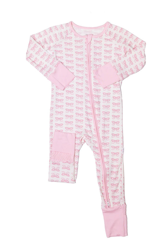 The Uptown Baby Pink Bows Long Sleeve Romper