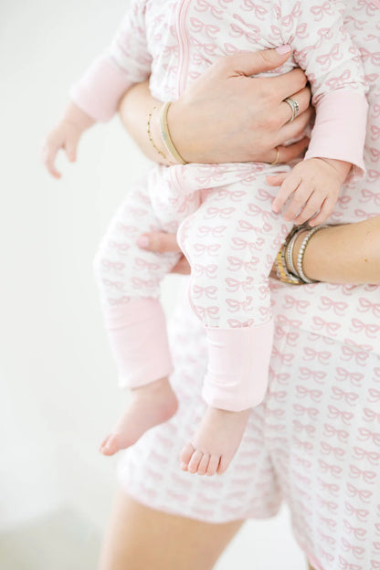 The Uptown Baby Pink Bows Long Sleeve Romper