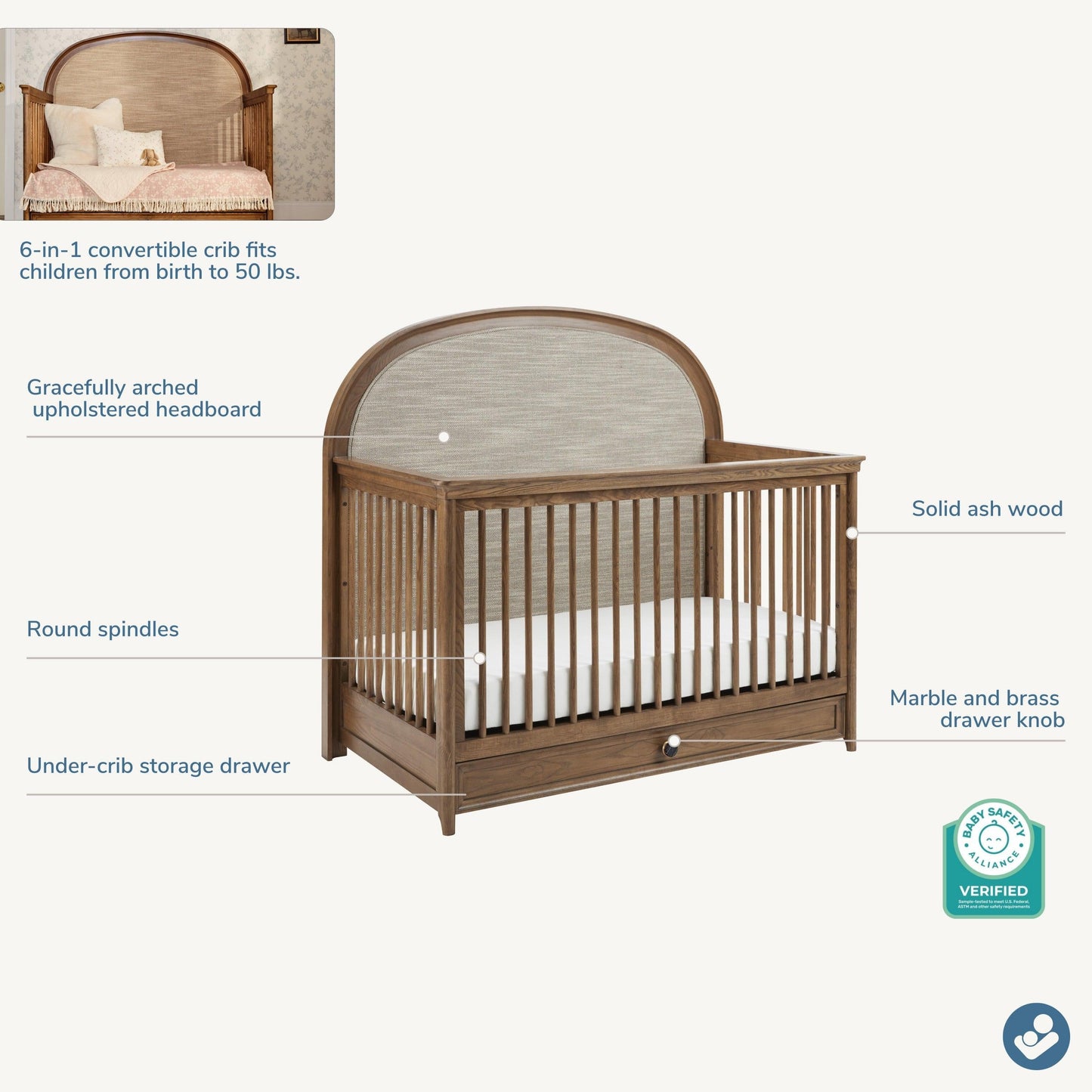 Maxi-Cosi Nursery Quiet Luxury 6-in-1 Convertible Crib with Toddler Bed/Daybed Conversion Kit | PRESALE