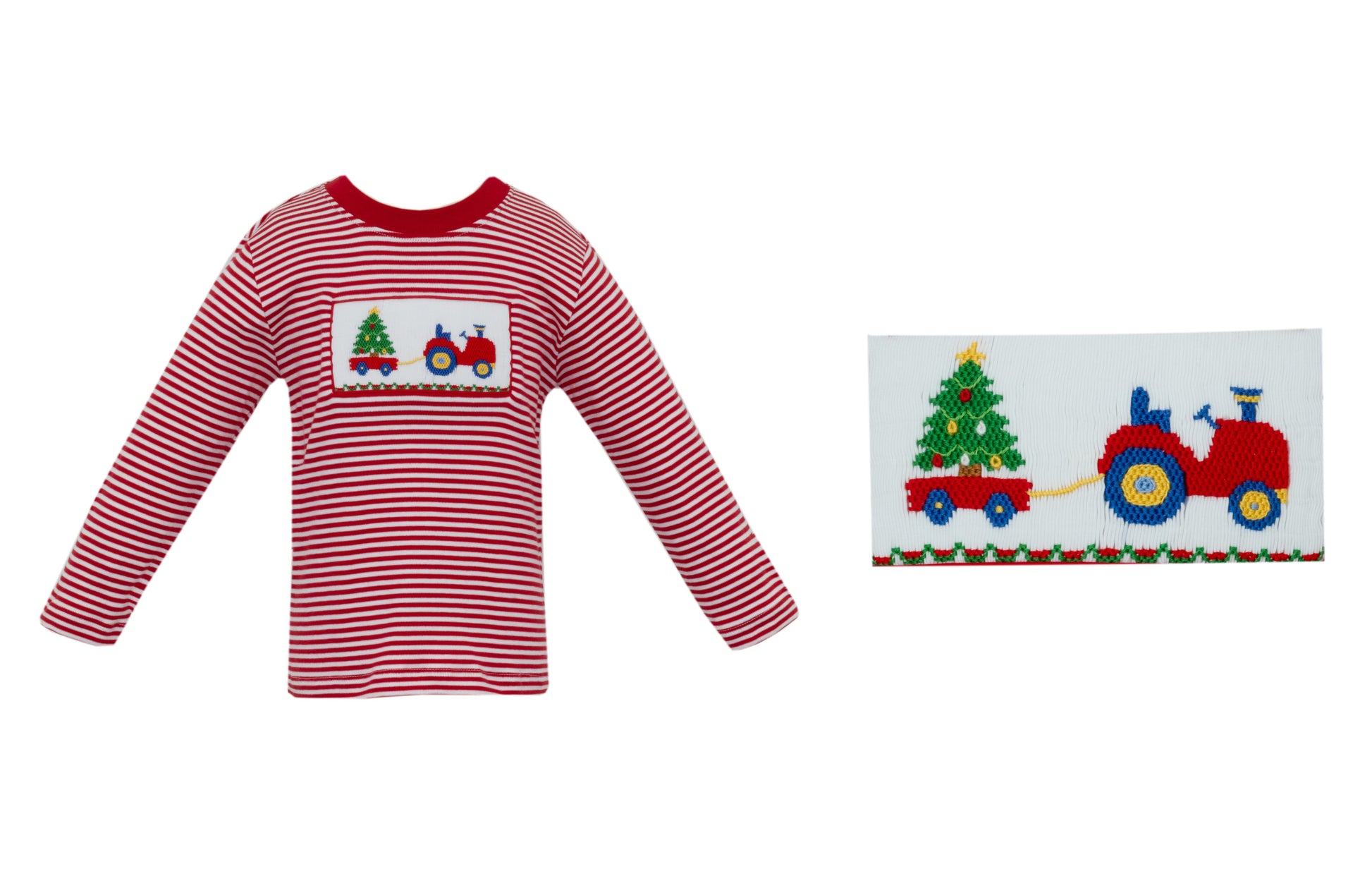 Anavini Boys Smocked Christmas Tree & Tractor Red Knit Long Sleeve T-Shirt