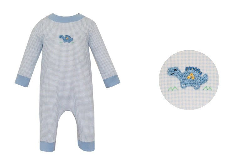 Petit Bebe Dinosaur Blue Gingham Long Romper