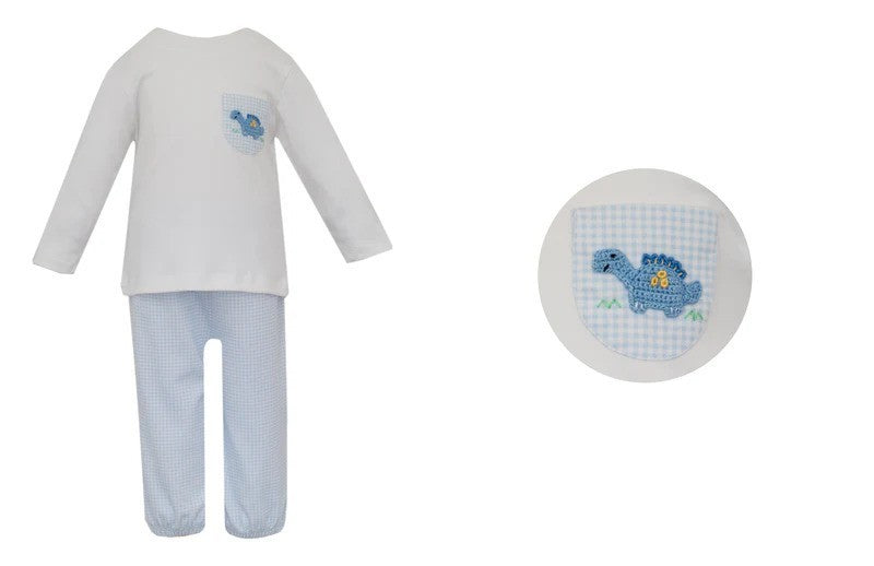 Petit Bebe Dinosaur Blue Gingham Pant Set