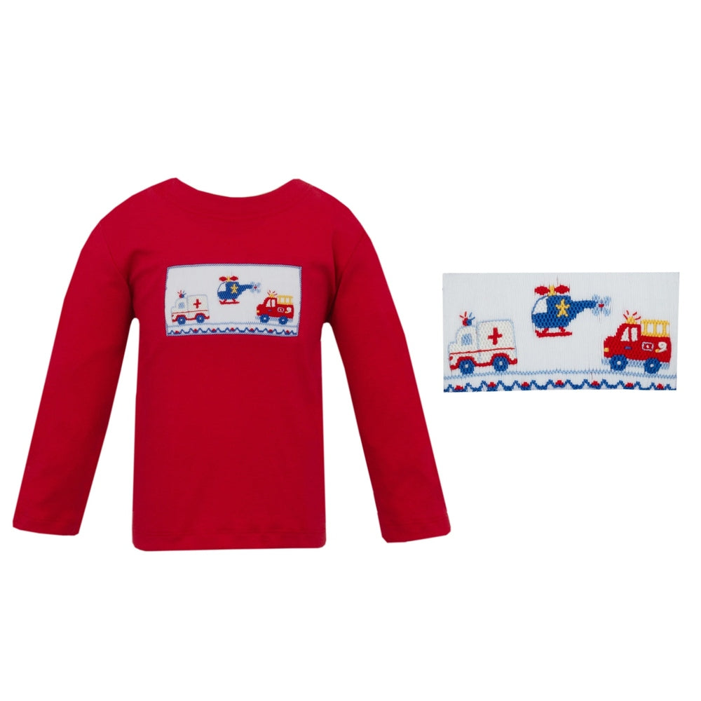 Anavini Boys Smocked Emergency Cars Red Knit Long Sleeve T-Shirt babysupermarket